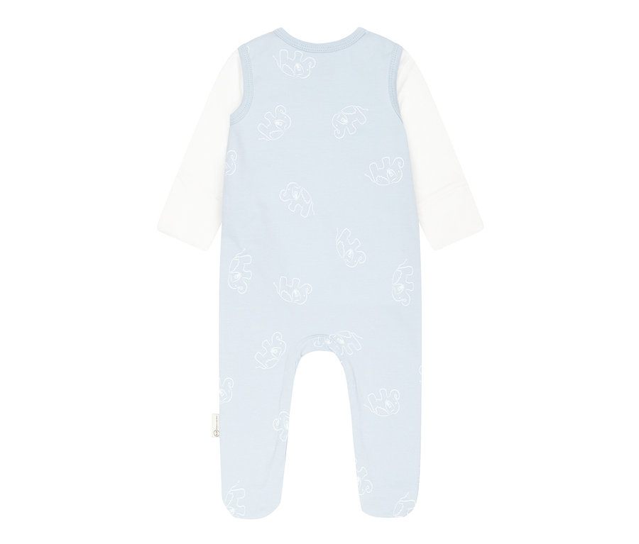 Hellerblauer Steiff 2 Baby-Strampler mit weißen, langen Ärmeln und Elefantenmuster.