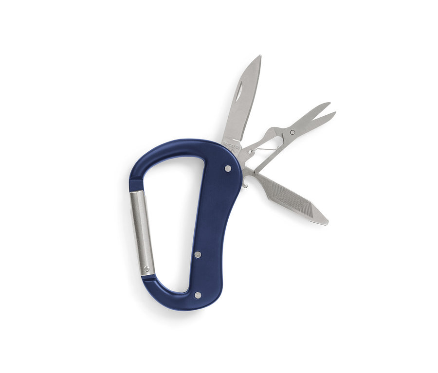 Blauer 5-in-1-Karabiner-Multitool mit geöffnetem Messer, Schere und Feile.