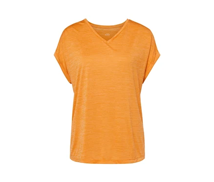 Orangefarbenes Funktionsshirt mit kurzen Ärmeln und V-Ausschnitt.