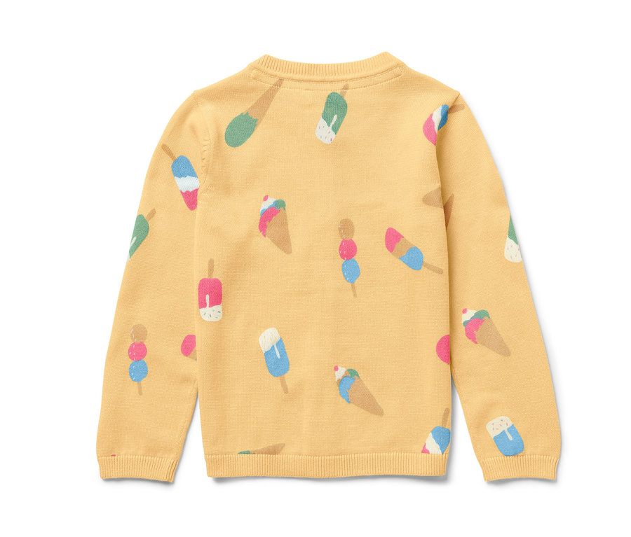 Gelbe Kinder-Strickjacke mit Eisaufdruck.