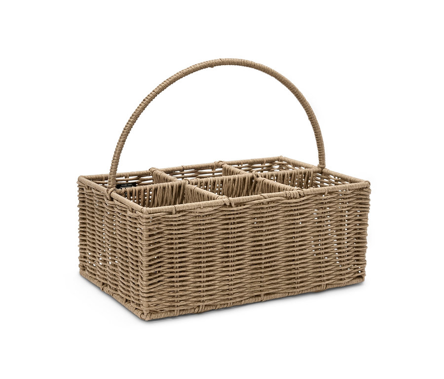 Ein Weiden-Flaschenträgerkorb mit sechs Fächern und einem gebogenen Griff.