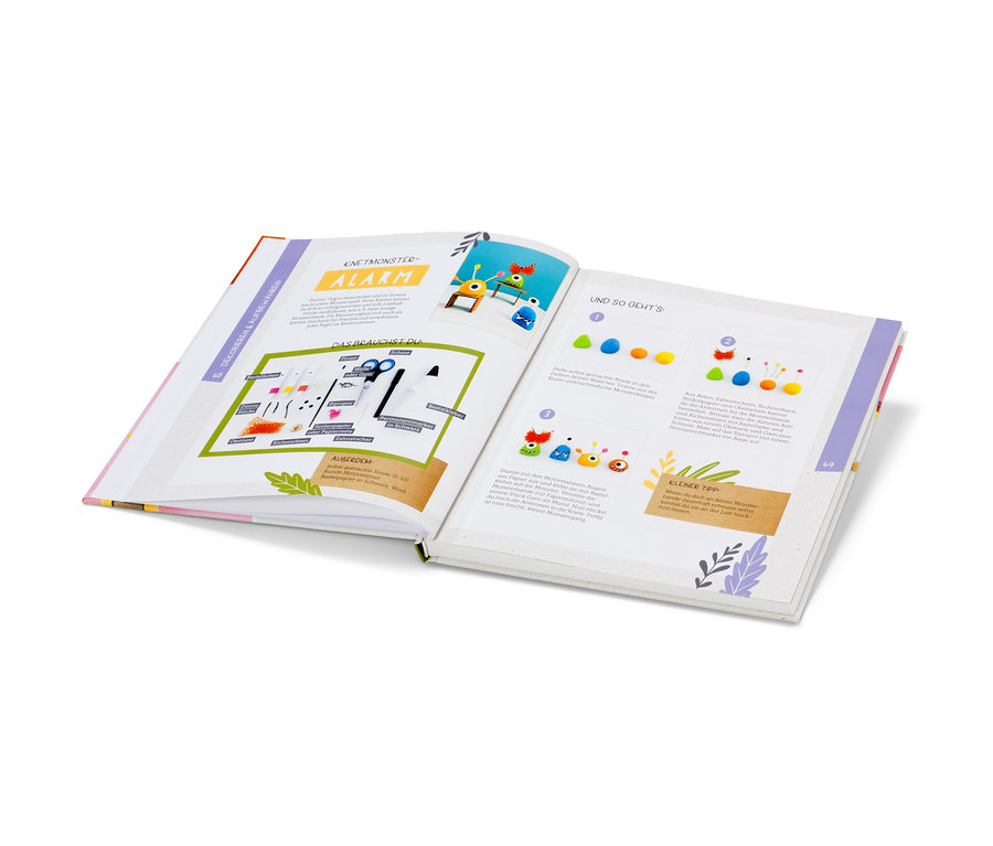 Offenes Buch »Meine nachhaltige Bastelwerkstatt« mit Anleitungen zum Knetmonster basteln.