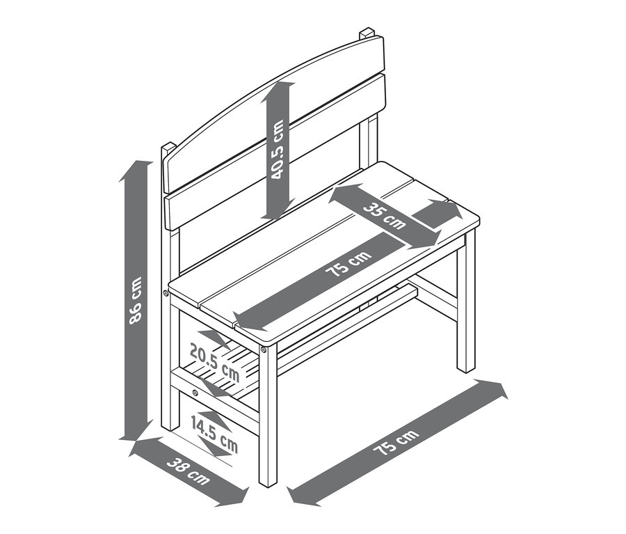 Abbildung einer kleinen Gartenbank mit Ablage und den dazugehörigen Maßen.