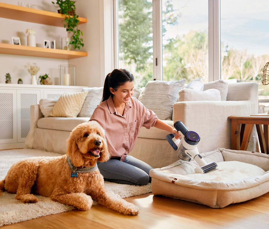 Frau saugt ein Hundebett mit dem Tineco Pure One S15 Flex Akkusauger. Ein Hund liegt auf dem Boden.