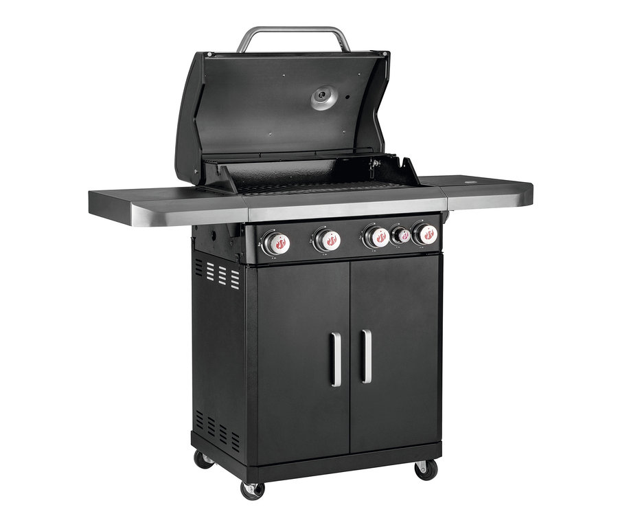 Schwarzer Landmann Gasgrill »Rexon 4.1 CooK« mit offenem Deckel und Seitenablagen.