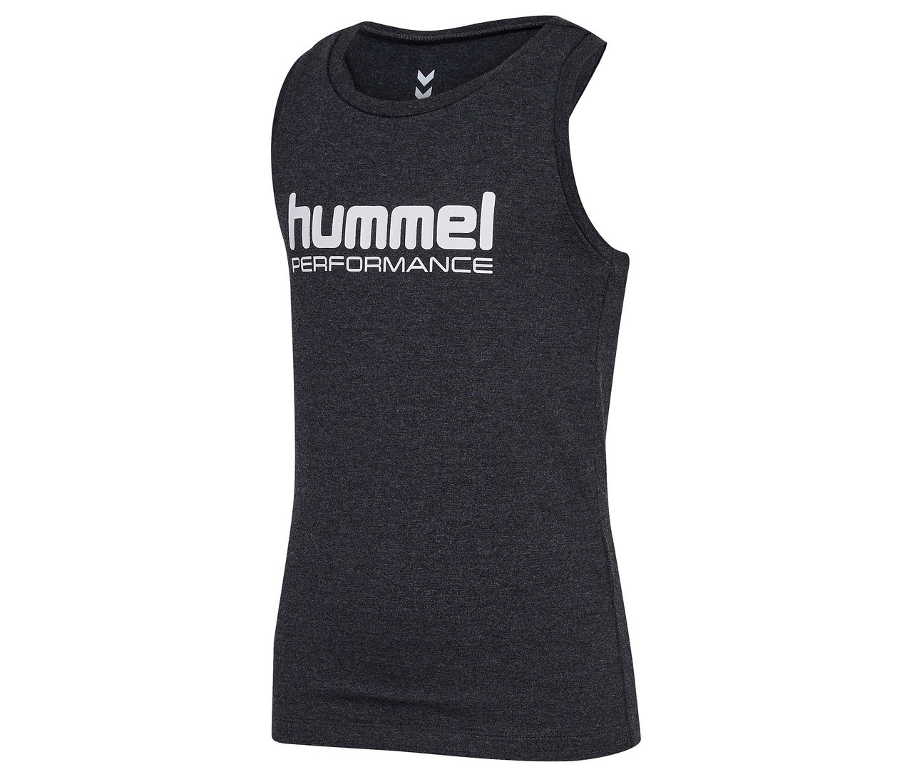 Dunkelgraues HUMMEL HMLJR Top mit weißem Logo auf der Brust.