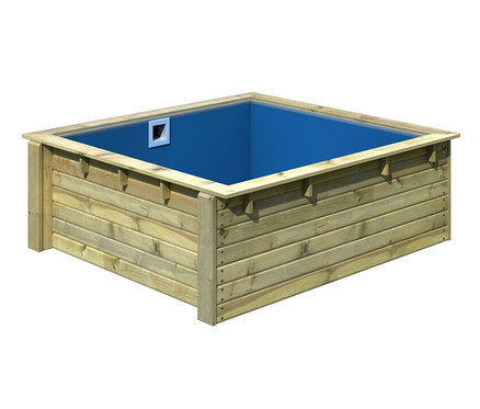 Karibu Minipool-Set inkl. Zubehör, ca. 220 x 220 cm, mit blauem Innenleben und Holzverkleidung.
