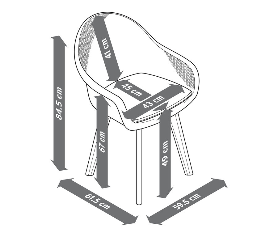 Abmessungen von einem Schalenstuhl mit Polyrattangeflecht.