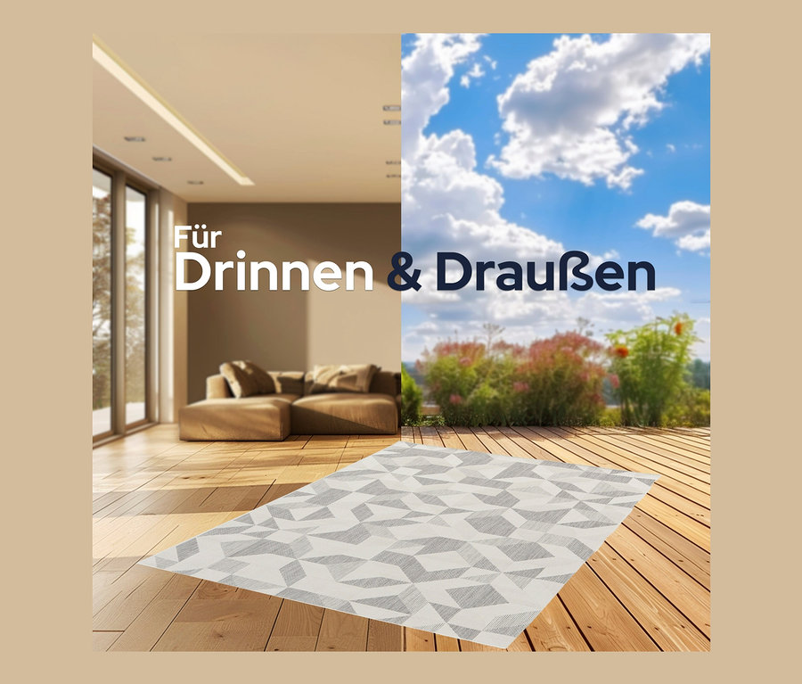 Innen- und Außenbereich mit beigem Sofa und faltbarem Outdoor-Teppich im Mosaik-Design.