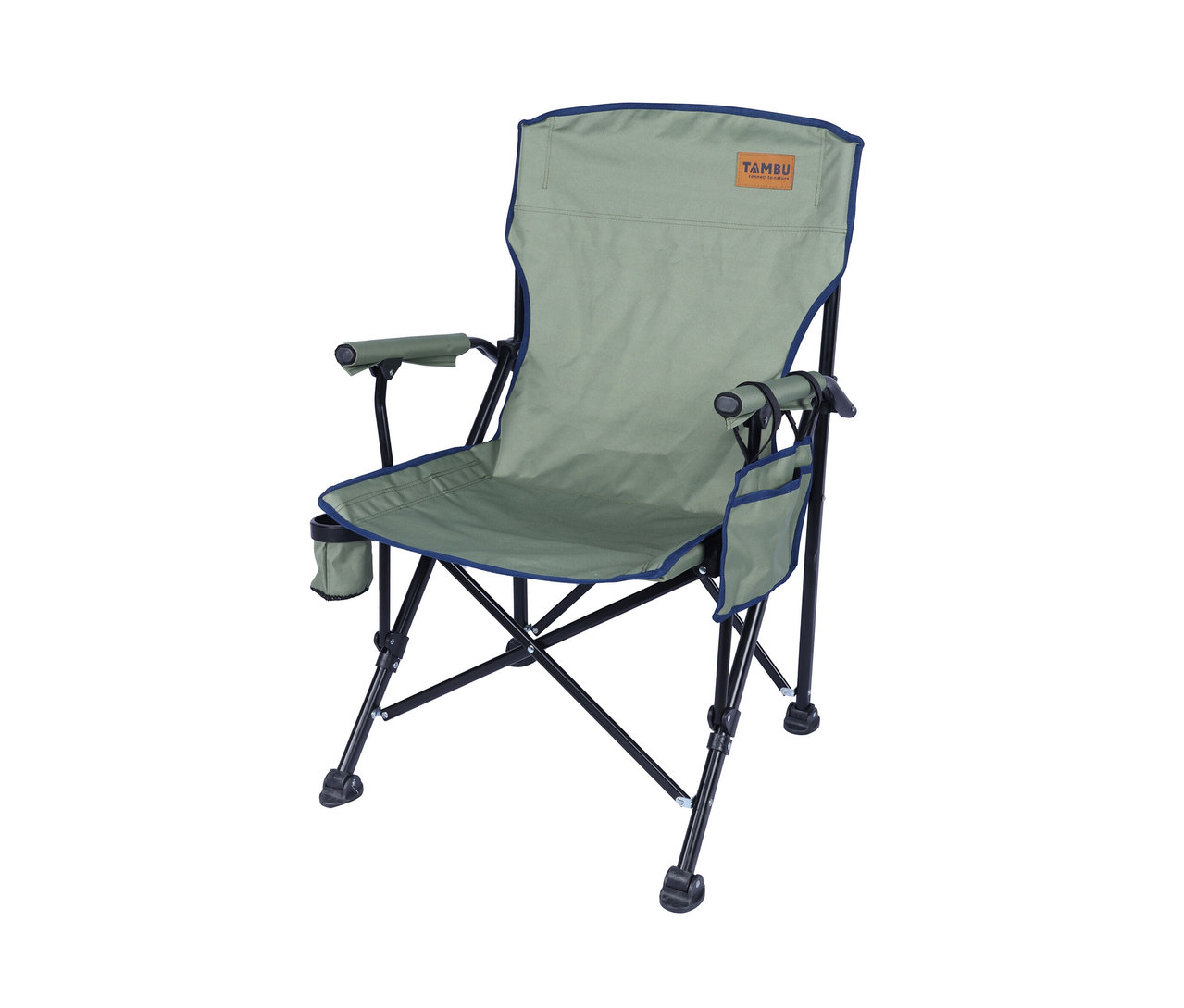 Ein grüner Tambu Camping-Faltstuhl »NADIRA« mit Armlehnen und Getränkehalter.