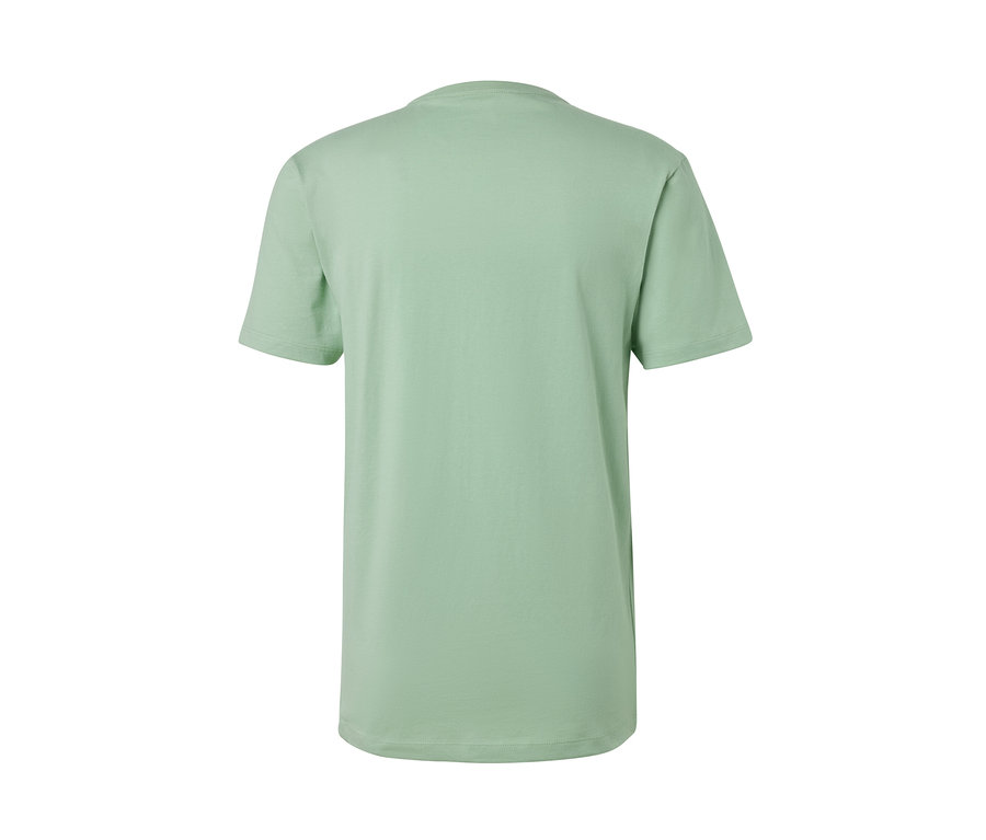 Rückseite eines hellgrünen T-Shirts mit Rundhalsausschnitt, das Teil eines 3er-Sets ist.