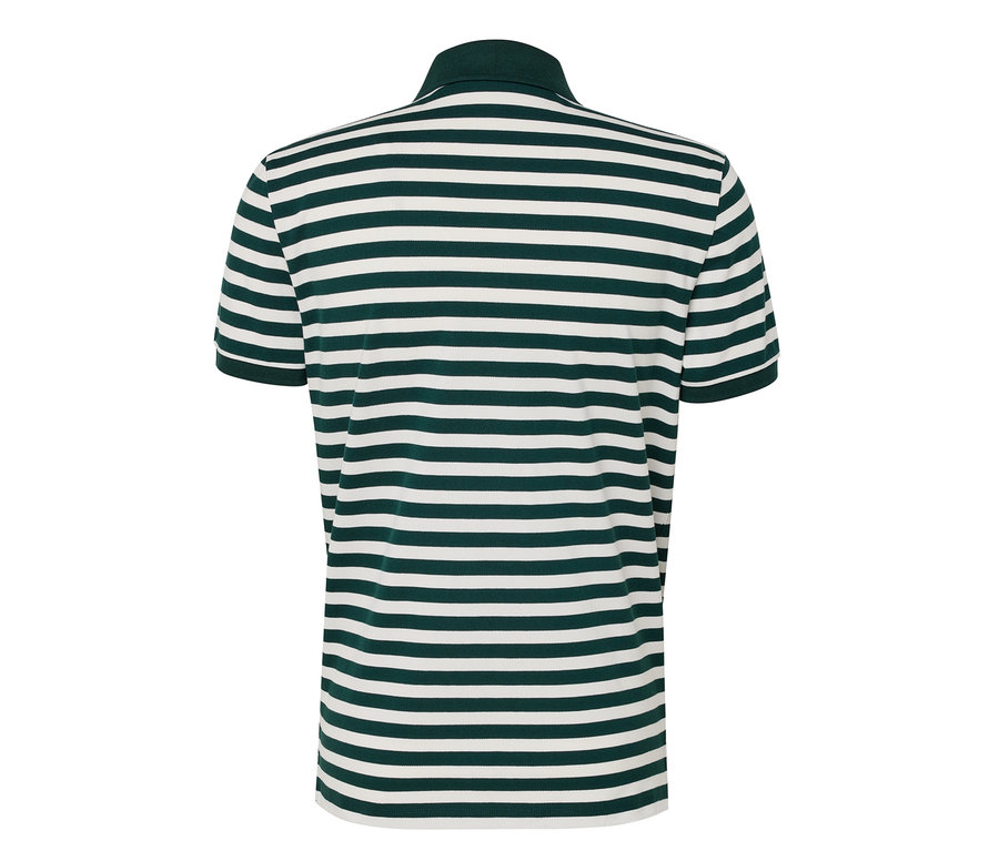 Rückansicht eines Piqué-Poloshirts mit grün-weißen horizontalen Streifen.