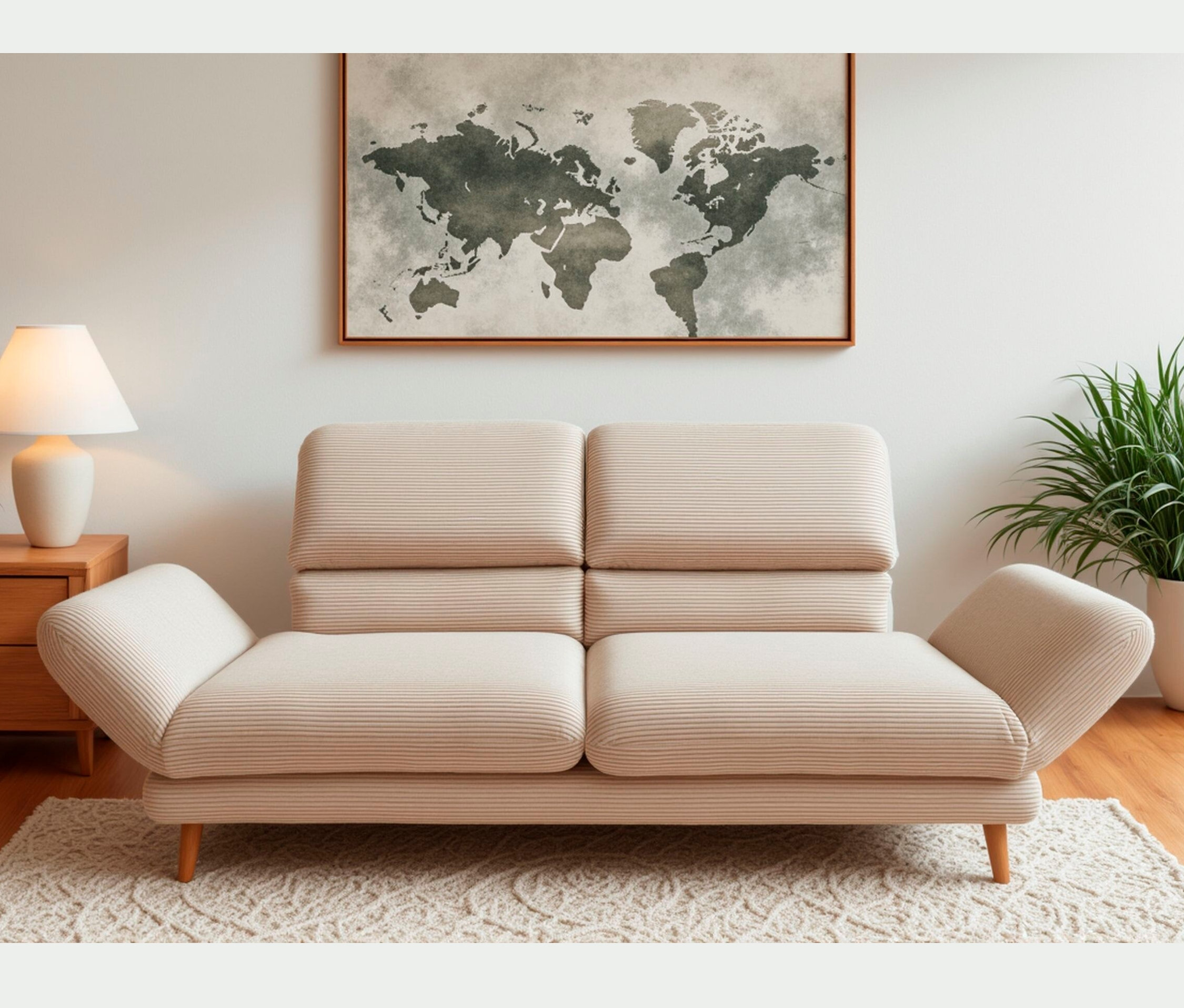 Ein cremefarbenes DOMO 2-Sitzer-Sofa »FuAR« mit Holzbeinen steht auf einem gemusterten Teppich vor einer Wand mit einer Weltkarte.