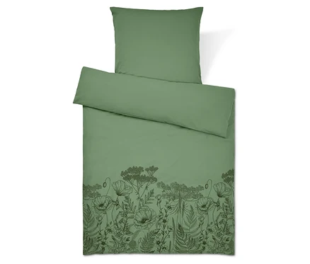 Grüne Bettwäsche mit Blumenmuster. Kissen oben.