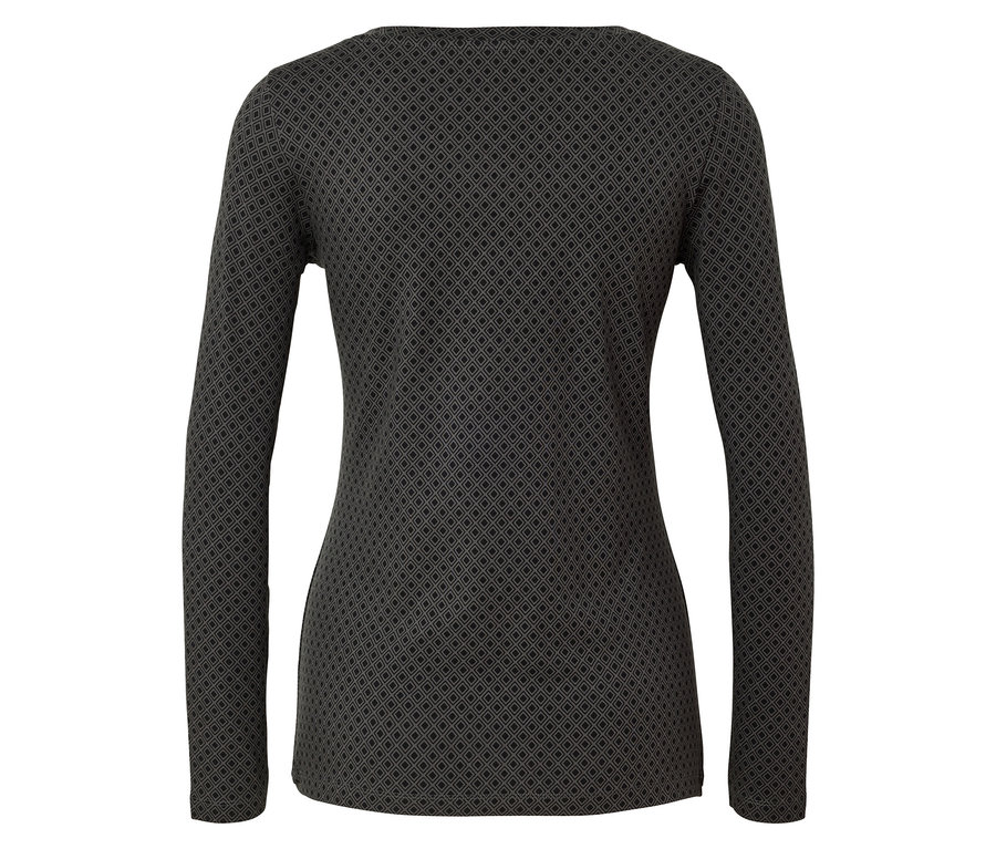 Rückansicht einer Damenbluse mit langen Ärmeln und geometrischem Muster.