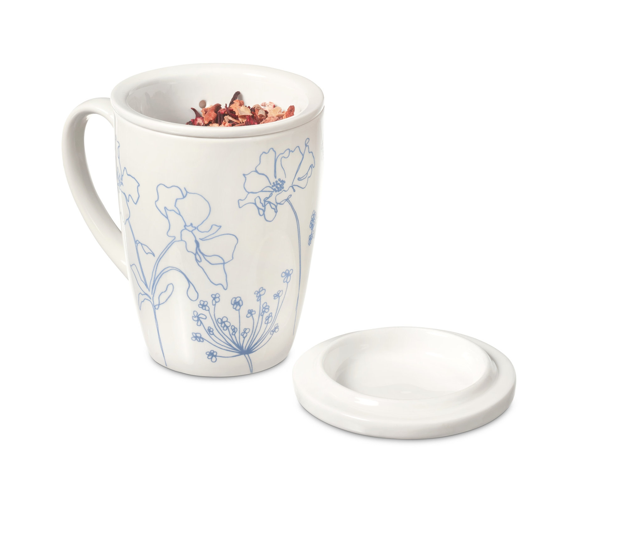 Eine Teetasse mit Sieb und Deckel, verziert mit einem blauen Blumenmuster und Tee.