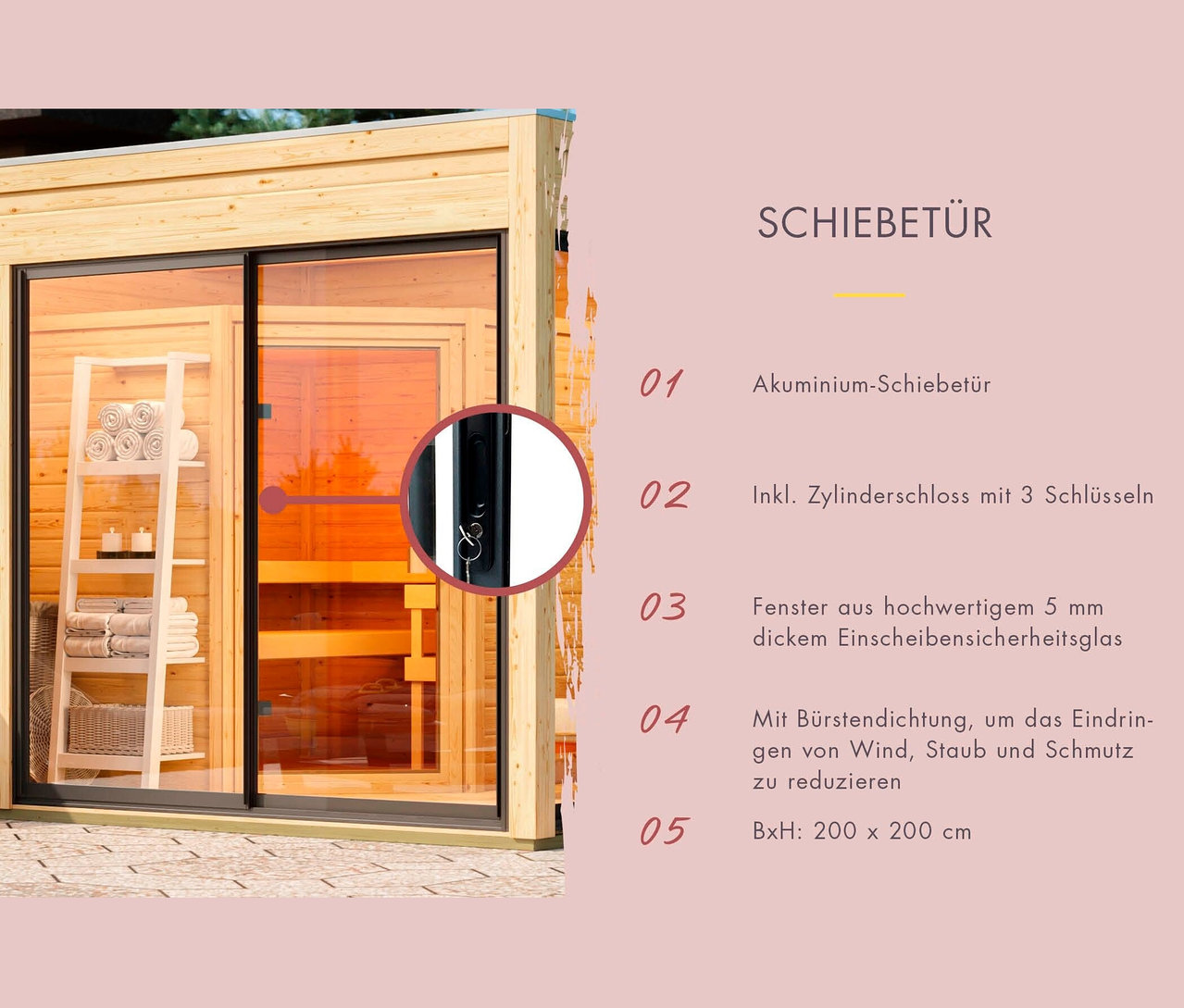 Holzsauna mit Schiebetür und Regalen im Inneren.