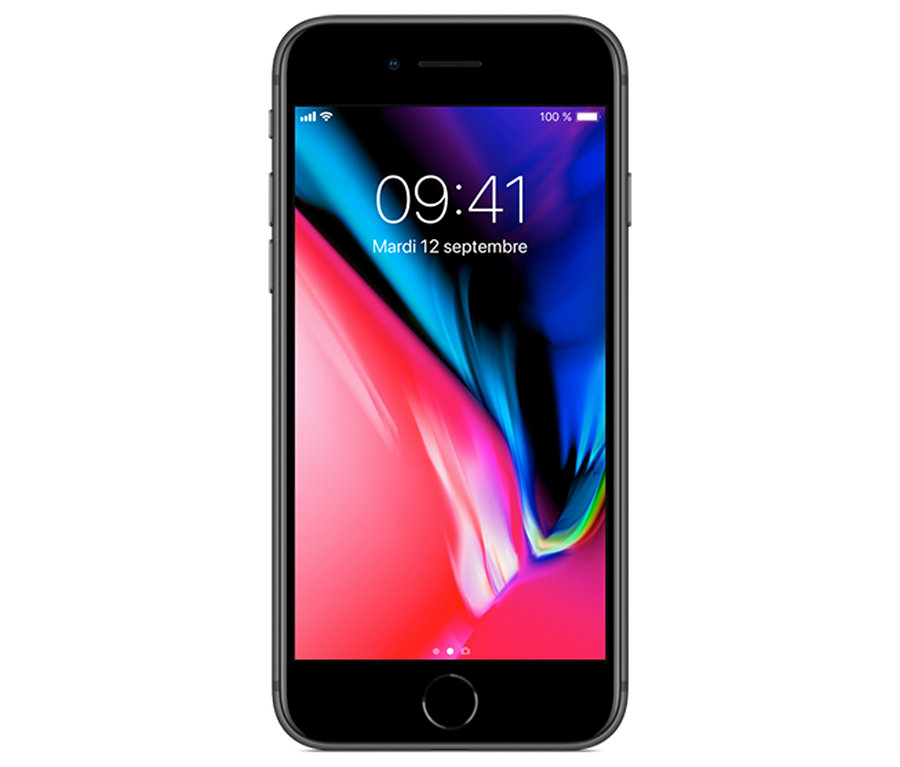 Ein graues Apple iPhone 8 mit einem farbigen Display.