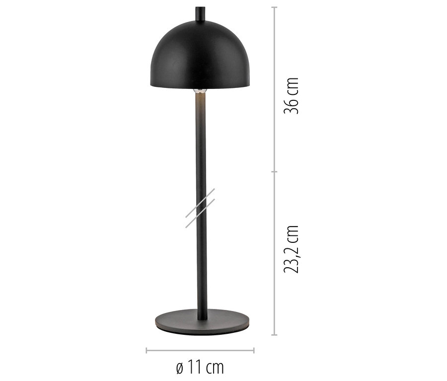 Schwarze Lampe mit rundem Schirm und Sockel.