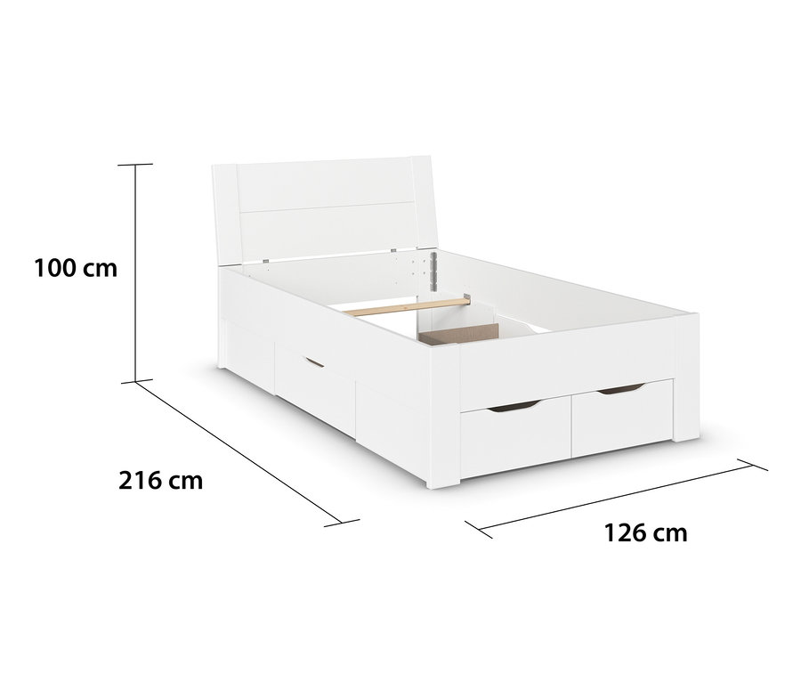 Weißes rauch Bett »Aditio Beds«, 120 cm mit Stauraum und Größenangaben.
