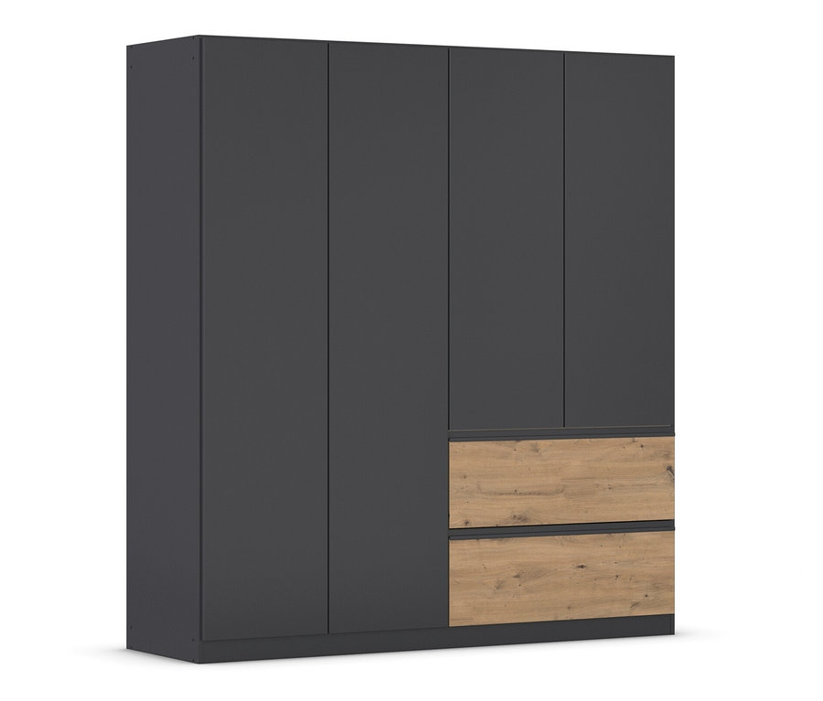 Ein grauer, metallischer Rauch Kleiderschrank "Joel" mit vier Türen und Eiche Artisan Dekor.