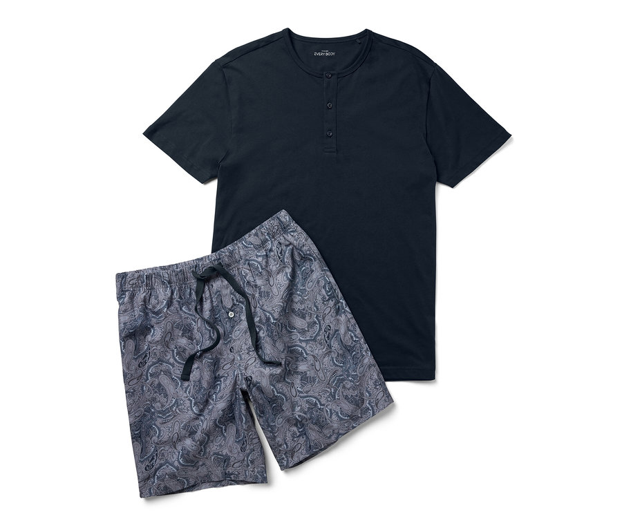 Marineblaues Shorty-Pyjama-Set mit gewebter Hose mit Paisley-Muster.