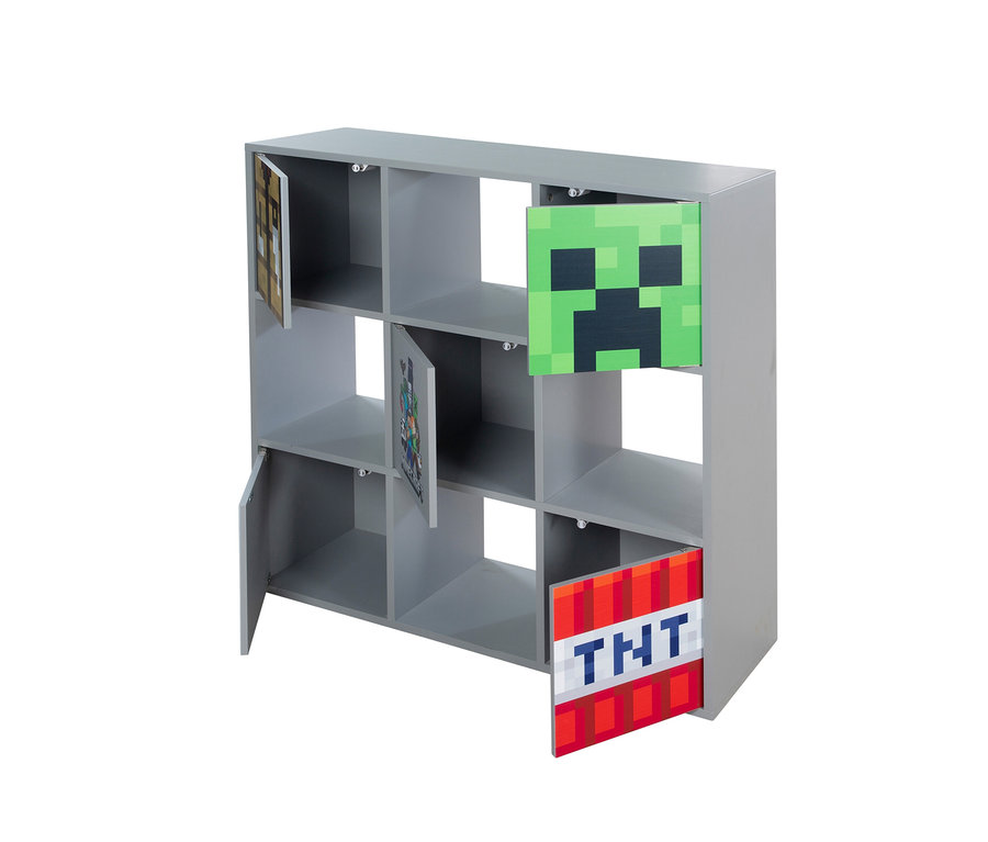 Graues roba Minecraft Regal mit Motiven aus dem Videospiel Minecraft an den Türen.