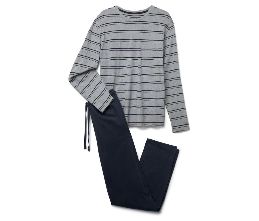 Gestreifter grauer Schlafanzug mit langen Ärmeln und dunkelblaue Schlafanzughose mit Kordelzug.