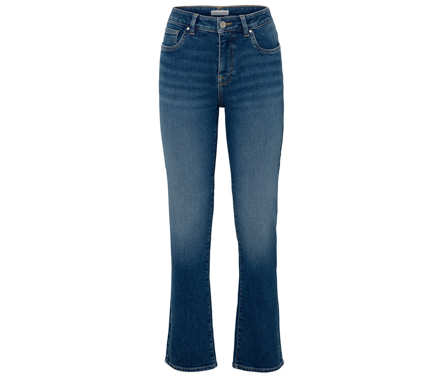 Blaue High-Waist-Jeans mit ausgestelltem Bein.