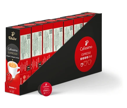 Eine Packung Cafissimo Espresso elegant Kapseln. Die Packung ist rot und schwarz und enthält 80 Kapseln.