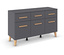 Graue Kommode mit sechs Schubladen und Holzbeinen.
