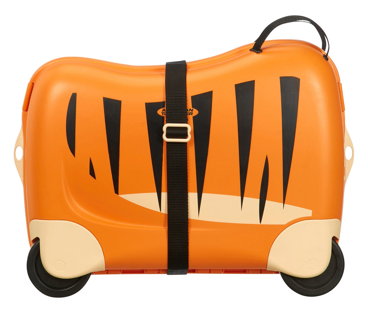 Der orangefarbene American Tourister »Funrider« Aufsitzkoffer mit Tigerdesign steht aufrecht.