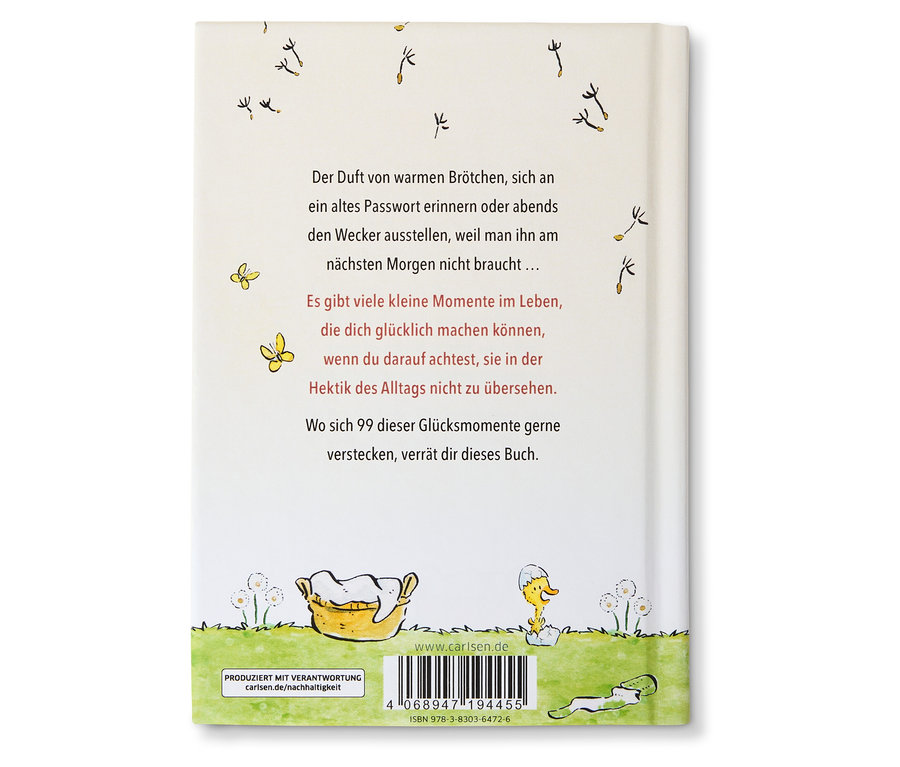 Rückseite eines Buches mit Text über kleine Glücksmomente und Illustrationen von Pusteblumen, einem Korb und einem Küken.
