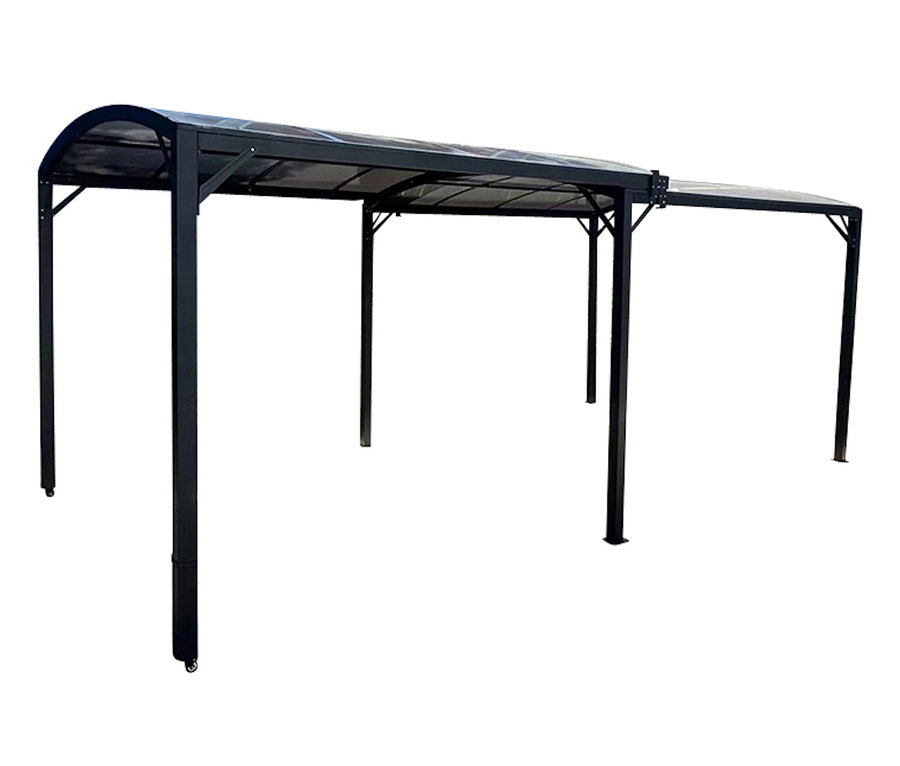 Eine schwarze, ausziehbare Leco Pergola auf weißem Hintergrund.