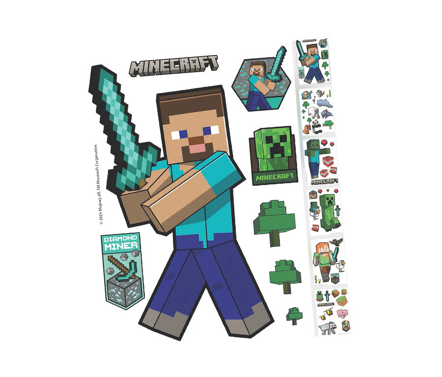 Minecraft Wandtattoos zeigen eine Figur mit Schwert, Creeper und andere Elemente aus dem Spiel.