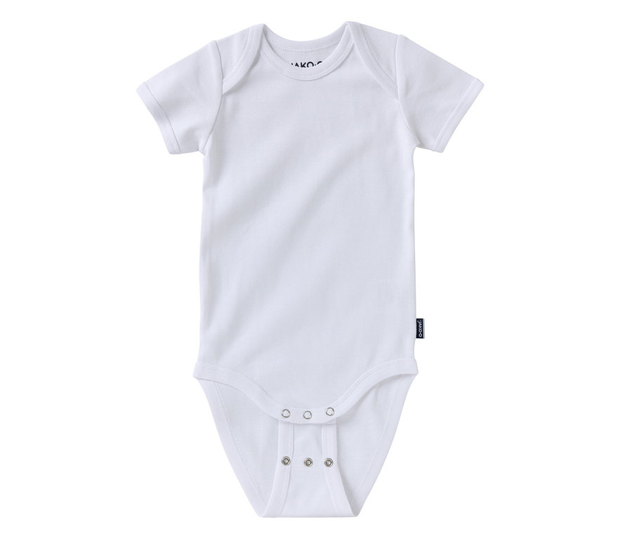 Detailaufnahme eines weißen Kurzarm-Babybodys. Jako-O Baby-Body mit Mitwachsfunktion.