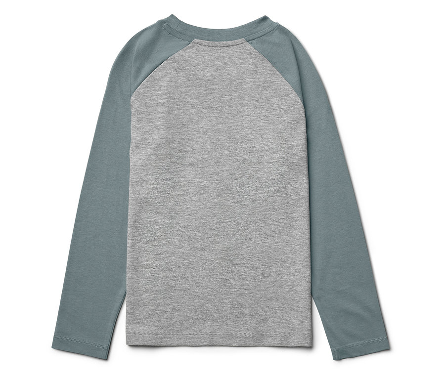 Graues Langarmshirt mit blauen Ärmeln.