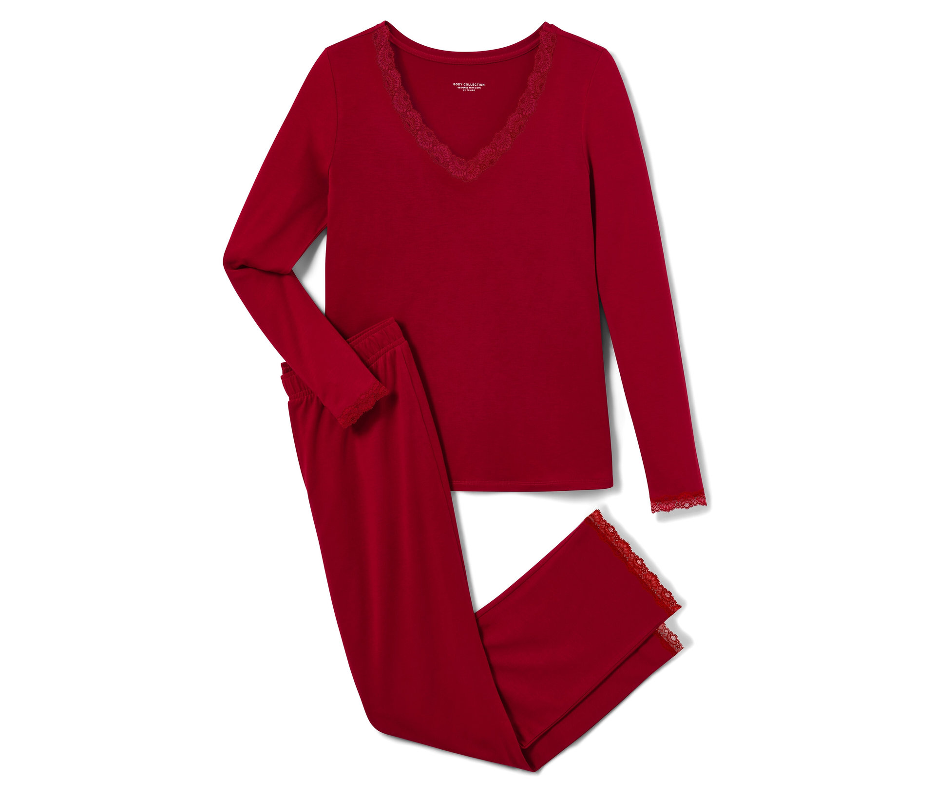 Pyjama-Set mit Spitzenbesatz - Damen - Gr. M - rot - rot