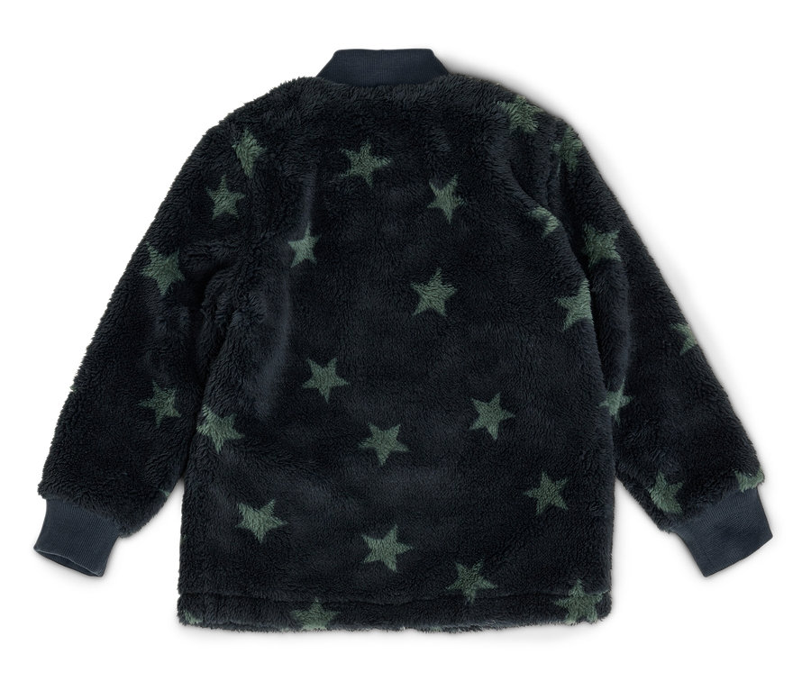 Dunkelblaue, sternförmige Plüschjacke.