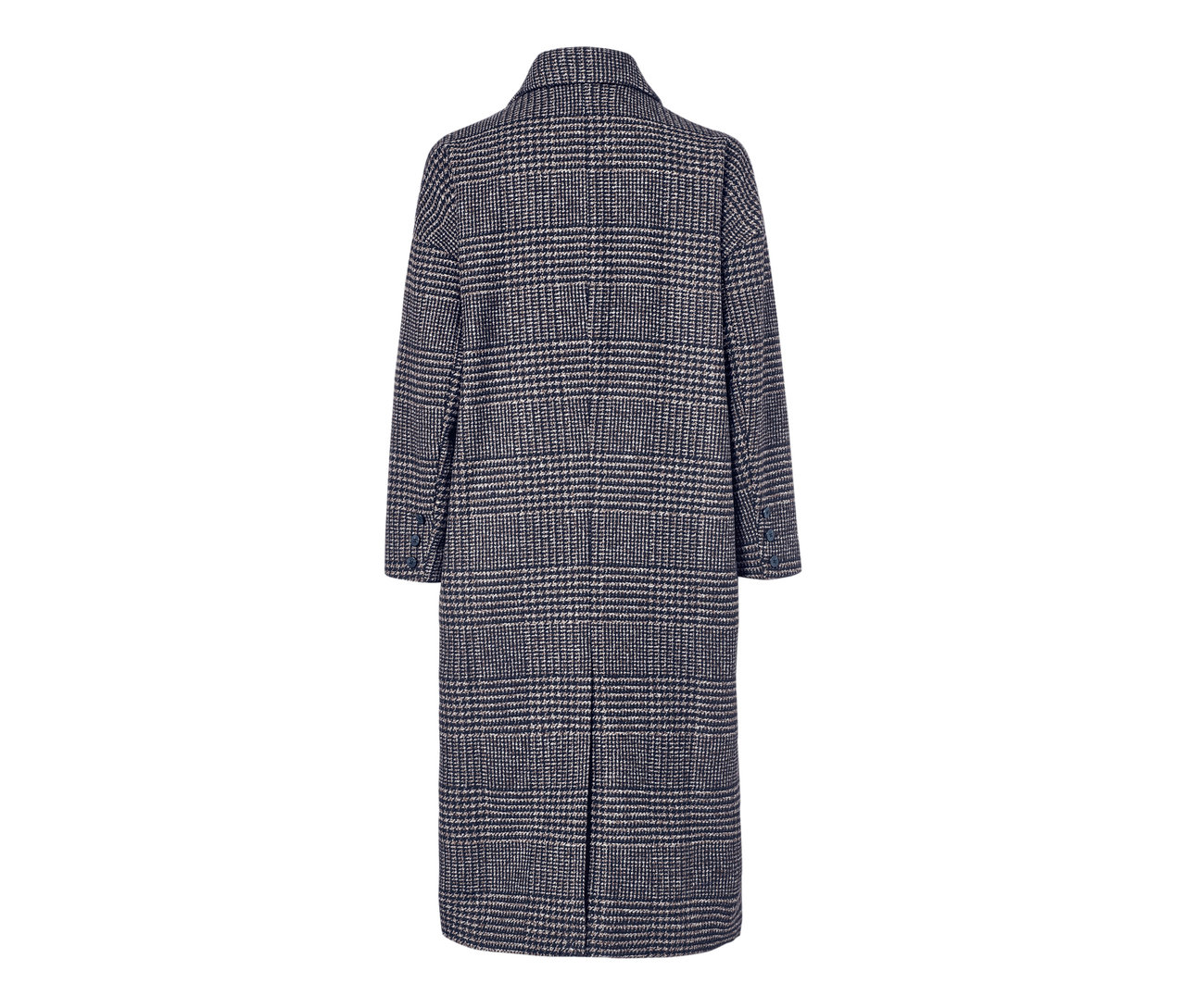 Detail der Rückseite eines karierten Mantels aus Wollmix.