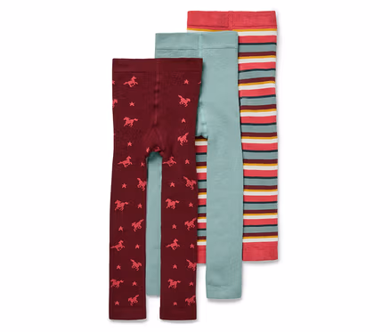 Drei Kinderleggings: bordeauxrot mit Sternen und Pferden, hellblau und gestreift.
