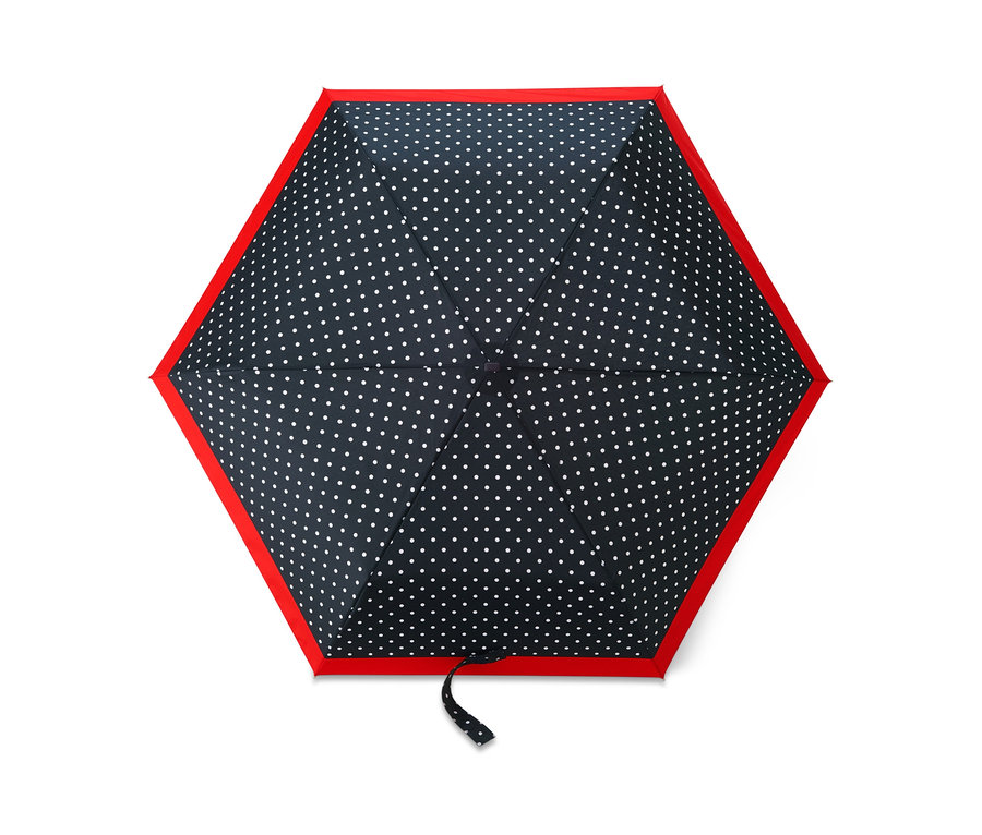 Nahaufnahme eines Taschenschirms mit dunkelblauem Hintergrund und weißen Punkten, eingefasst in Rot.