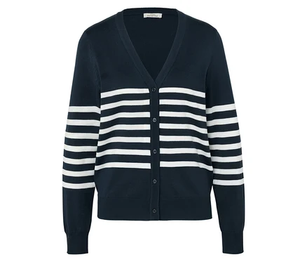 Marineblauer Strickcardigan mit weißen Streifen.