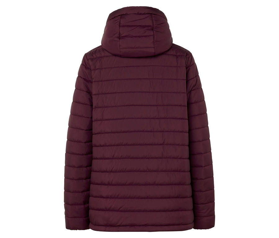Rückansicht einer kastanienbraunen Steppjacke mit Kapuze.