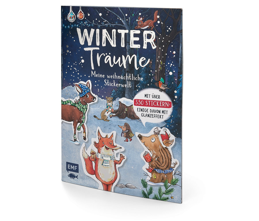Ein Cover des Buches Winter Träume, das Tierillustrationen in einer Winterlandschaft zeigt.
