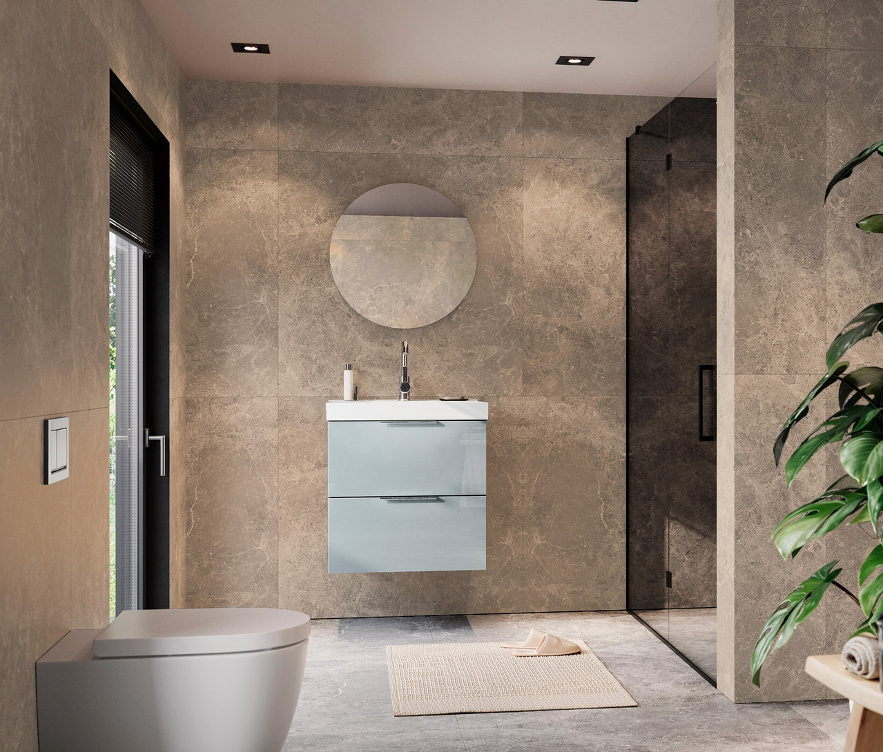 Badezimmer-Interieur mit Toilette, Waschbeckenunterschrank in Blau und Spiegel an der Wand.