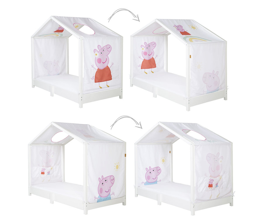 Vier Hausbetten mit Peppa Pig-Motiven und weißem Rahmen sind abgebildet.