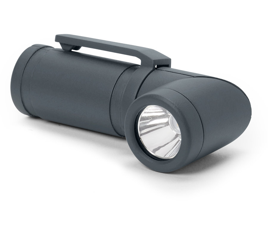 Detailaufnahme einer grauen 2-in-1-LED-Multifunktionsleuchte auf weißem Hintergrund.