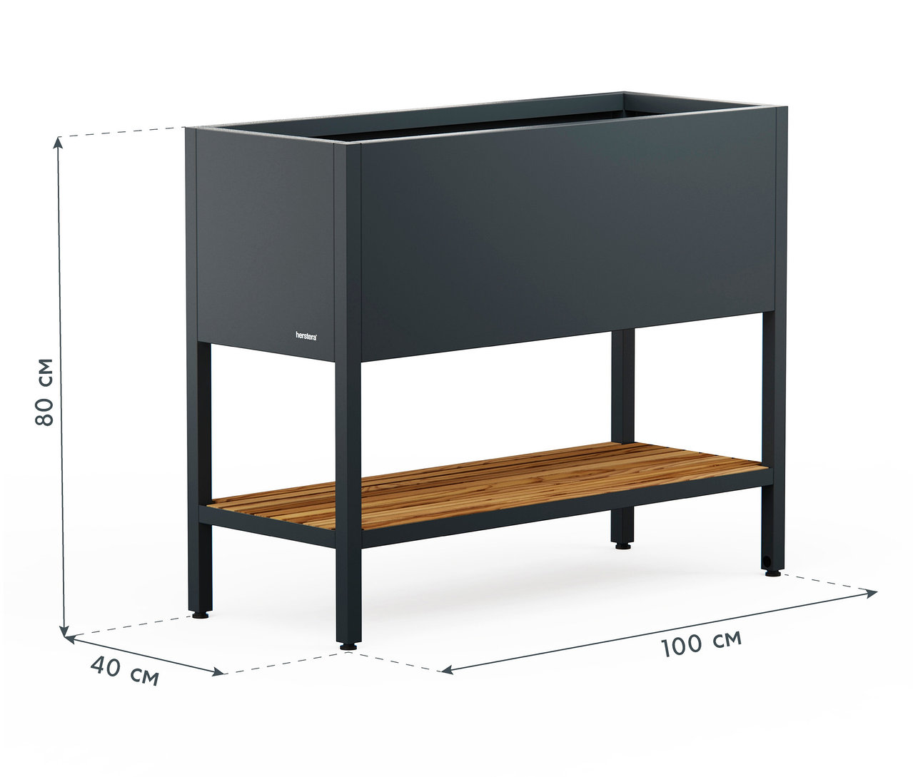 Dunkelgrauer Pflanzkasten mit Holzablage, Maße 80x40x100 cm.