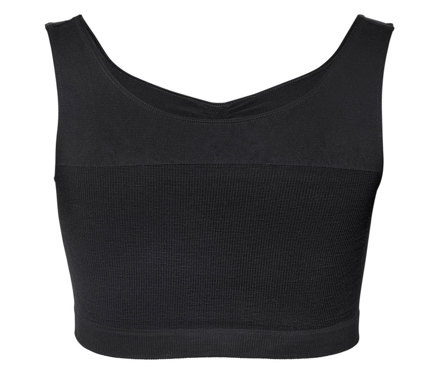 Schwarzes, ärmelloses Sportoberteil, frontal aufgenommen.